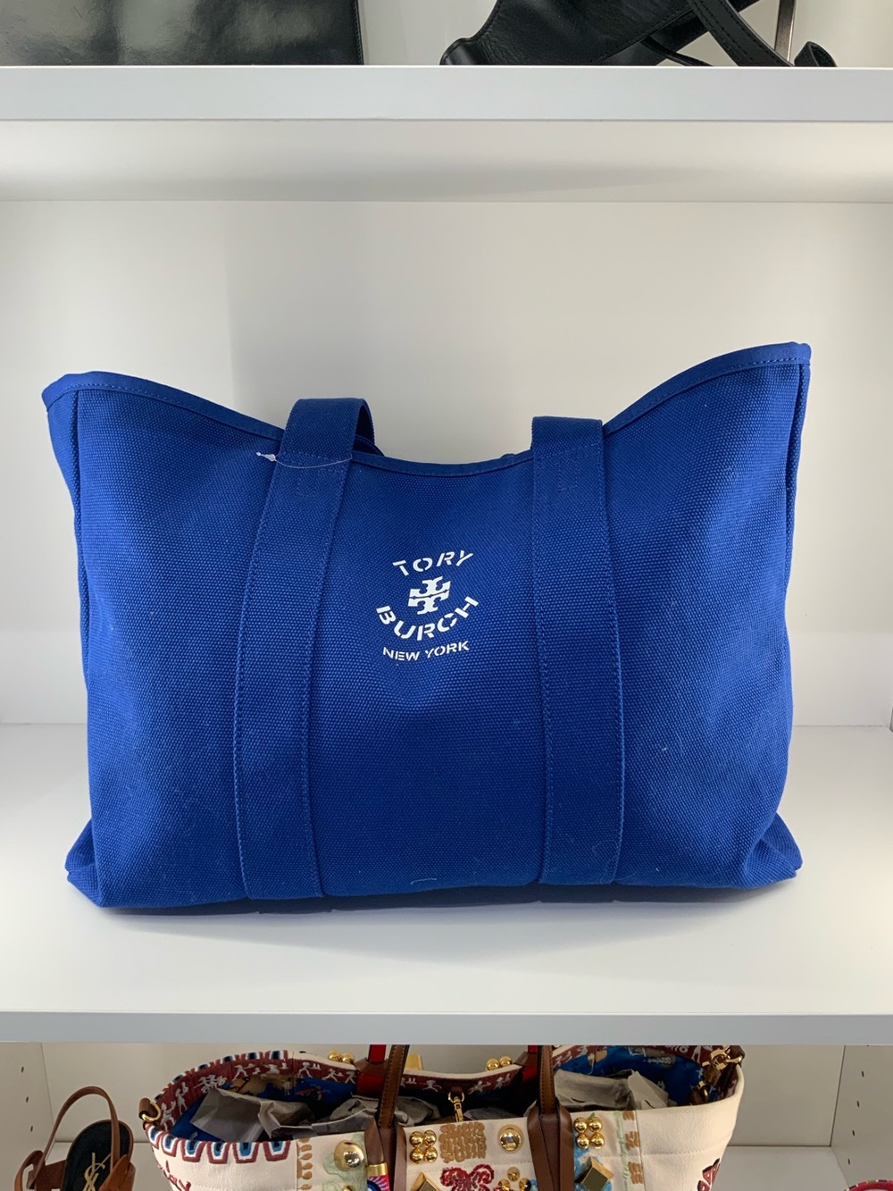 NWT Tory Burch Canvas Shopping Royal Blue Tote Bag.